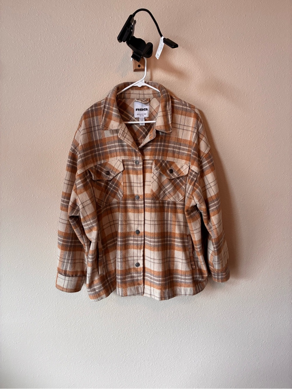 RSQ Plaid Utility Shacket in Beige and Brown - Picture 2 of 4